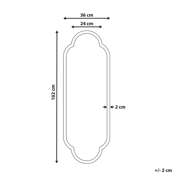 Technische Zeichnung eines Spiegels mit Maßangaben: 102 cm Länge, 36 cm Breite und 24 cm Innenbreite.