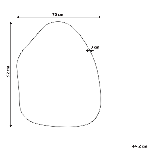 Maßzeichnung eines asymmetrischen Spiegels mit einer Höhe von 92 Zentimeter, einer Breite von 70 Zentimeter und einer Tiefe von 3 Zentimeter.
