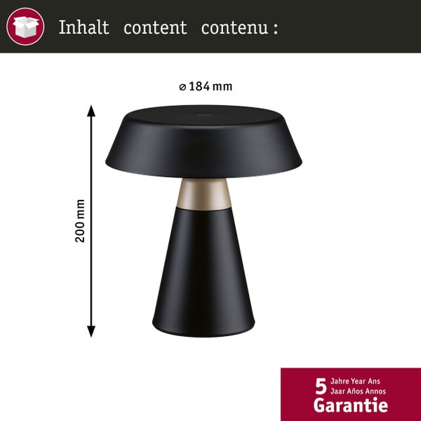 Schwarze Tischleuchte mit den Maßen 200 mm Höhe und 184 mm Durchmesser