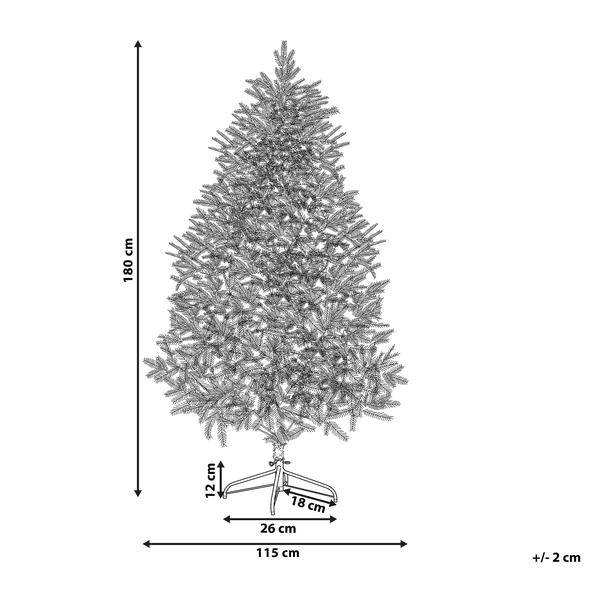 Abbildung eines Weihnachtsbaums mit Maßangaben: Höhe 180 cm, Fußhöhe 12 cm, Fußbreite 115 cm.