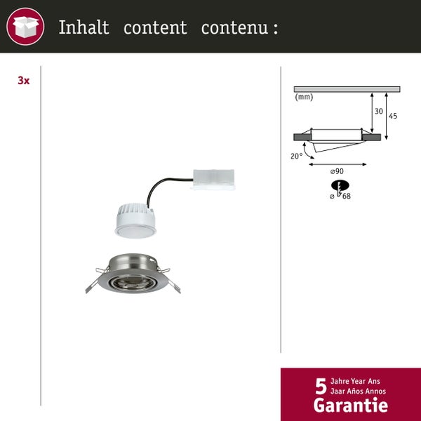 LED Einbauleuchte Base Coin Basisset schwenkbar rund 90mm 20° Coin 3x5W 3x370lm 230V 3000K Eisen gebürstet