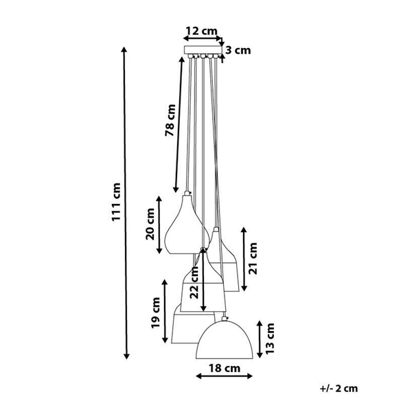 Technische Zeichnung einer Pendelleuchte mit fünf Lampenschirmen und Maßangaben in Zentimeter. Die Gesamthöhe beträgt 111 Zentimeter.