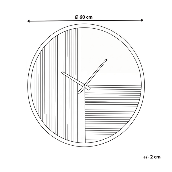 Strichzeichnung einer runden Wanduhr mit einem Durchmesser von 60 Zentimeter und einer Toleranz von plus minus 2 Zentimeter.