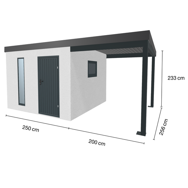 Ansicht eines Gerätehauses mit Carport und Größenangaben.
