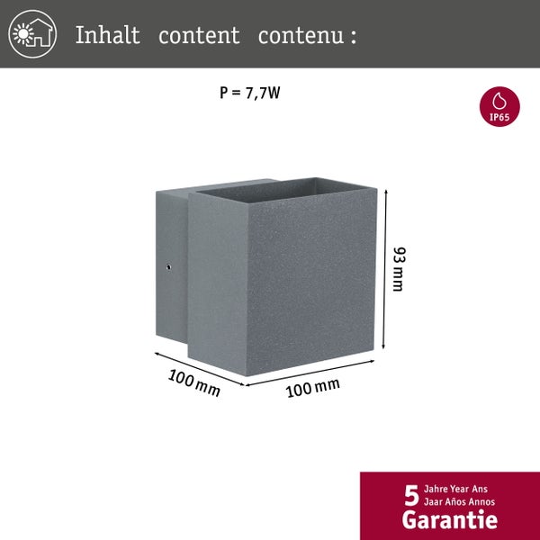 LED Wandleuchte Cybo IP65 eckig 100x100mm 2700K 2x3,5W 355lm / 355lm 230V 85° Grau Aluminium