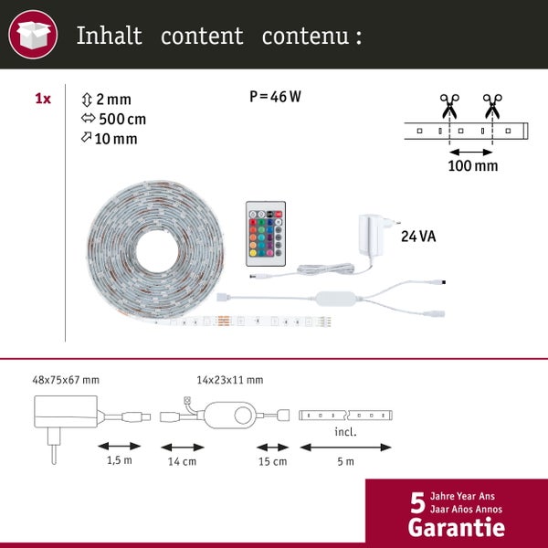 Packungsinhalt LED-Streifen mit Fernbedienung und Netzteil, inklusive Garantie