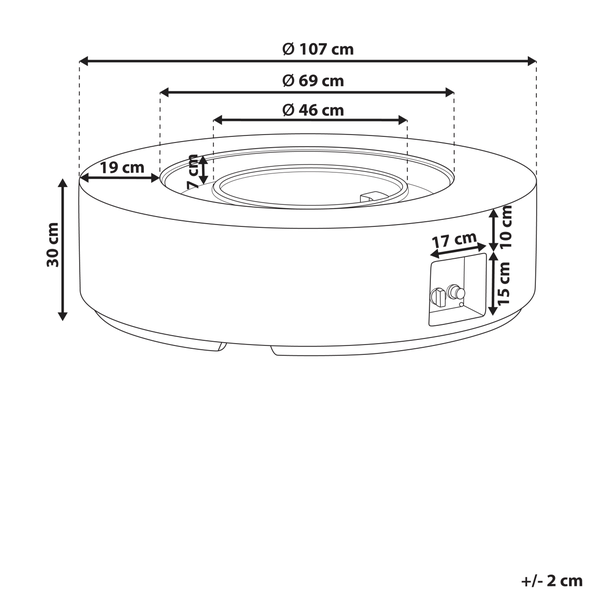 Runde Gas-Feuerstelle aus Beton mit Lavasteinen und Edelstahl-Brennerring.