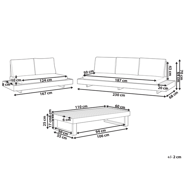 Maßskizze eines Lounge Sets bestehend aus zwei Sofas und einem Couchtisch mit detaillierten Bemaßungen in Zentimetern.