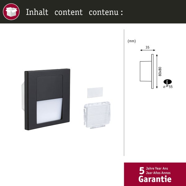 LED Wandeinbauleuchte Tsaro eckig 80x36mm 1W 80lm 230V 2700K Schwarz matt