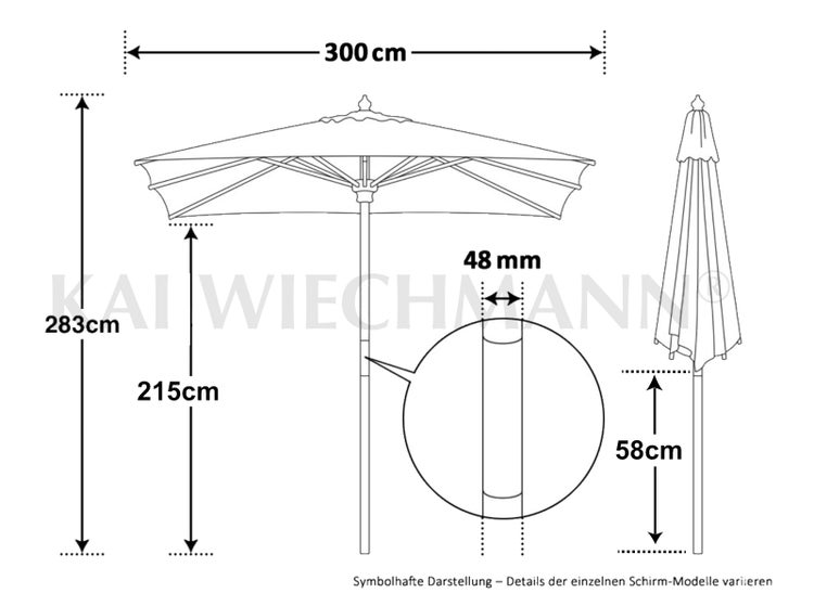 Skizze Sonnenschirm: Durchmesser 300 Zentimeter, Gesamthöhe 283 Zentimeter, Durchgangshöhe 215 Zentimeter, Mastdurchmesser 48 Millimeter.