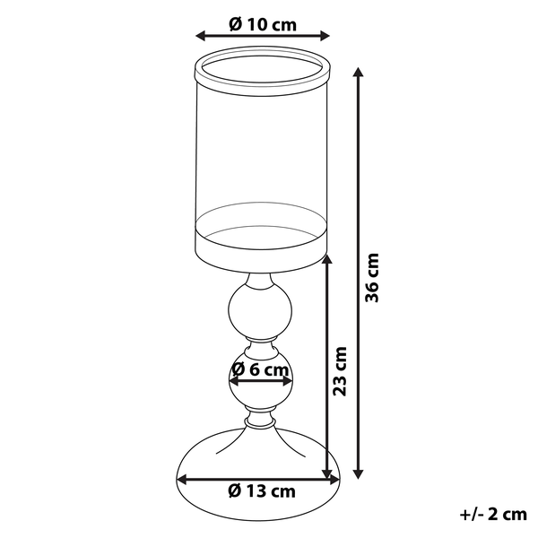 Abmessungen eines Windlichts mit einer Höhe von 36 cm und einem Durchmesser von 10 cm.