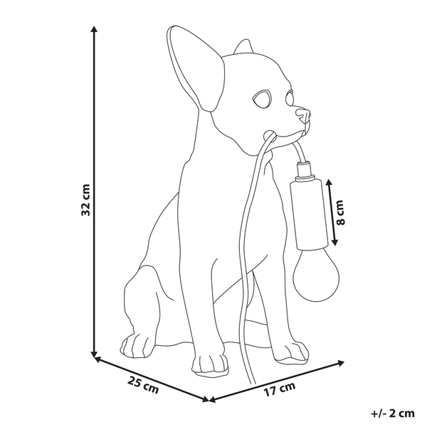 Maßzeichnung einer Chihuahua-Tischleuchte: Höhe 32 Zentimeter, Breite 25 Zentimeter, Tiefe 17 Zentimeter. Toleranz plus minus 2 Zentimeter.