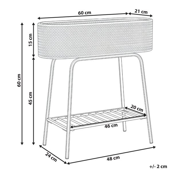 Technische Zeichnung eines Blumenständers mit Maßen: Höhe 60 Zentimeter, Breite 60 Zentimeter. Ovaler Topf mit Rattandekor auf Gestell mit Ablage.
