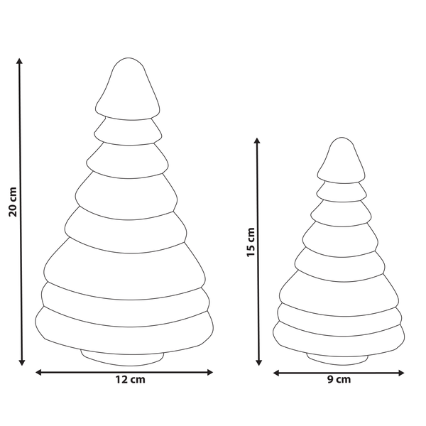 Abmessungen von zwei dekorativen Weihnachtsbäumen: 20 cm und 15 cm Höhe.