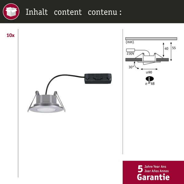 Zehn LED Einbaustrahler mit technischen Details und fünf Jahre Garantie