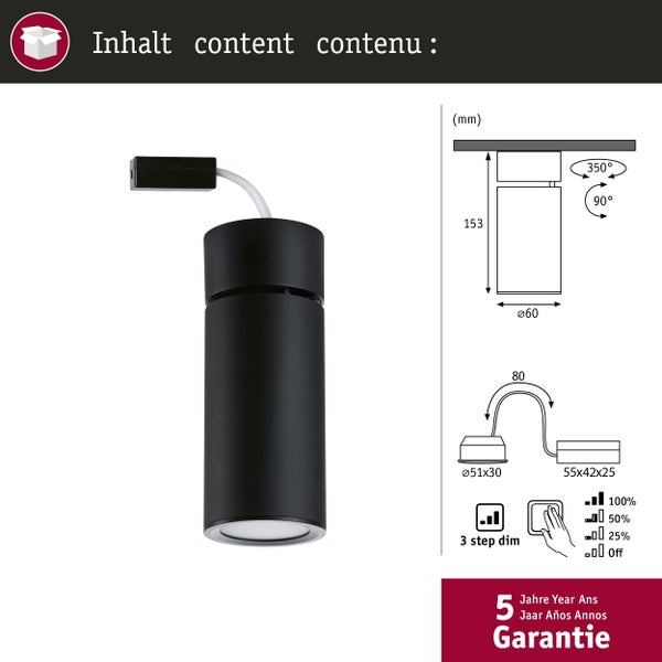 LED Deckenleuchte 3-Step-Dim Turnal Coin 2700K 470lm 230V 6W dimmbar Schwarz matt