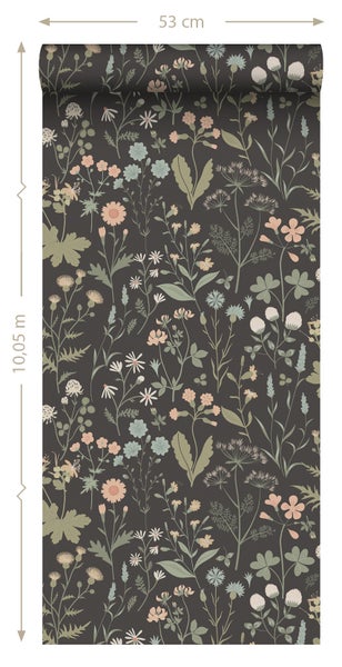ESTAhome Tapete Feldblumen Antrazitgrau - 50 x 900 cm - 139696