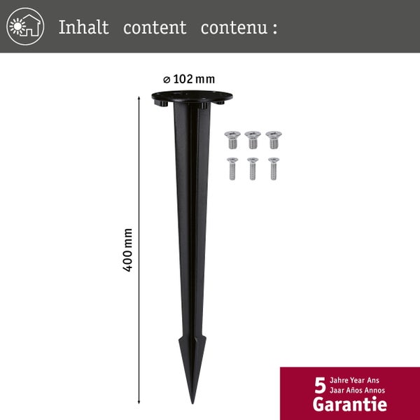Erdspieß für Gartenleuchten mit Schrauben und den Maßen 400 mm Länge und 102 mm Durchmesser