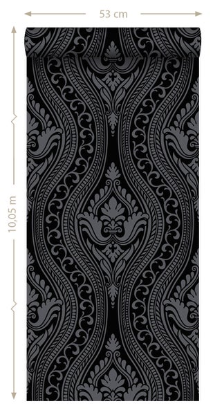 Origin Wallcoverings Tapete Flock-Barockmuster Schwarz - 53 cm x 10.05 m - 346602