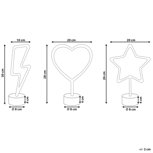 Maßzeichnung: Blitz (30 mal 10 Zentimeter), Herz (28 mal 20 Zentimeter), Stern (26 mal 20 Zentimeter). Sockel: 8 mal 4 Zentimeter.