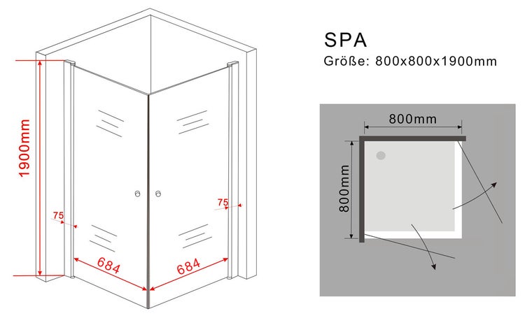 Zeichnung einer SPA Eckdusche mit den Maßen 800x800x1900 mm
