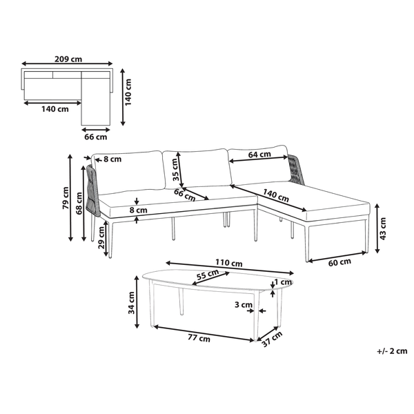 Maße einer Loungegruppe mit Tisch