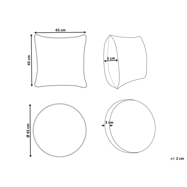 Technische Zeichnung eines Kissens mit den Maßen 45 mal 45 Zentimeter und einer Dicke von 5 Zentimeter