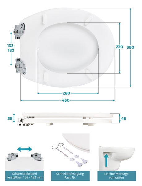 Information zur Bestimmung des passenden WC-Sitzes: Form der Keramik, Maße und Montageart prüfen.