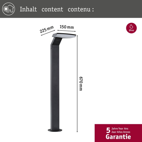 Abbildung einer Außenleuchte mit den Maßen 225 mm x 150 mm x 670 mm und IP44 Schutzart sowie fünf Jahre Garantie.