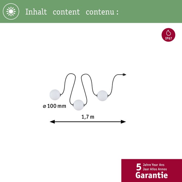 Diagramm einer Lichterkette mit drei Kugeln, Kugeldurchmesser 100 Millimeter, Länge 1,7 Meter, Schutzart IP67, fünf Jahre Garantie