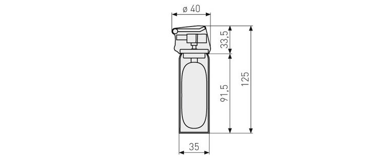 Maßzeichnung eines Abwehrsprays mit Klappdeckel. Gesamthöhe 125 Millimeter, Durchmesser 40 Millimeter, Breite 35 Millimeter.