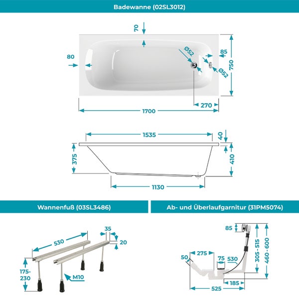 Technische Zeichnung mit Maßen für eine Badewanne, Wannenfüße sowie eine Ab- und Überlaufgarnitur. Alle Maße in Millimeter.