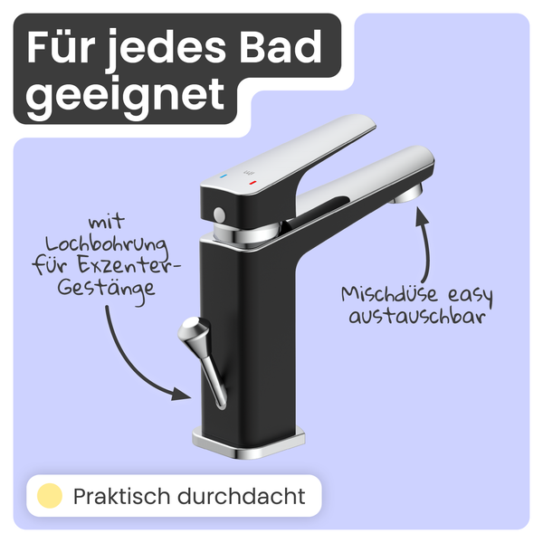 Waschtischarmatur mit Exzentergarnitur und austauschbarer Mischdüse