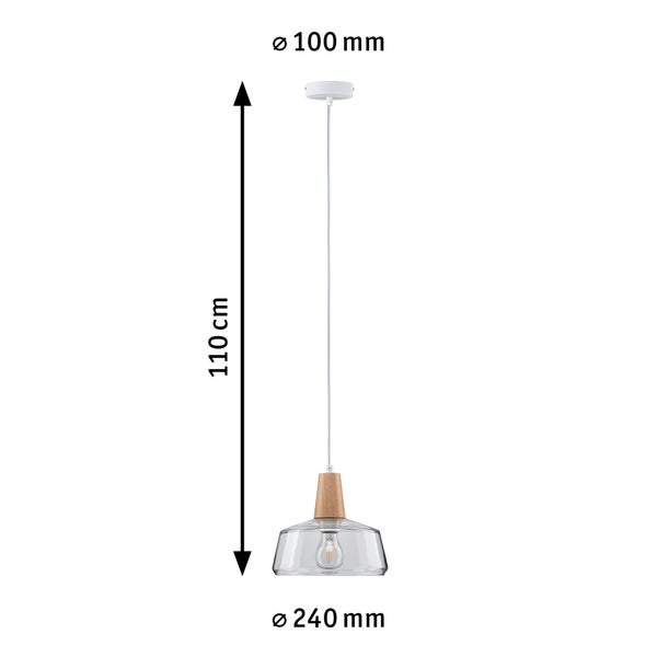 Neordic Pendelleuchte Yva E27 max. 20W Holz, Klar dimmbar Holz, Glas