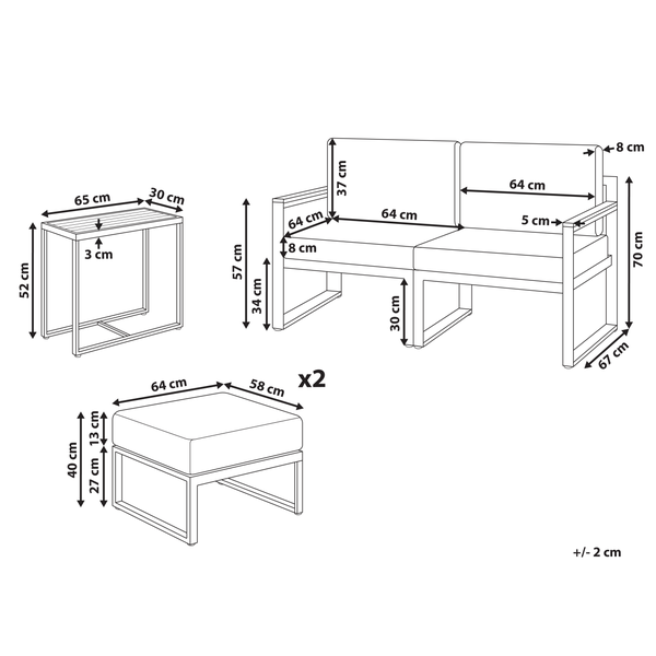 Zeichnung eines Loungesets mit Tisch und zwei Hockern mit Maßangaben