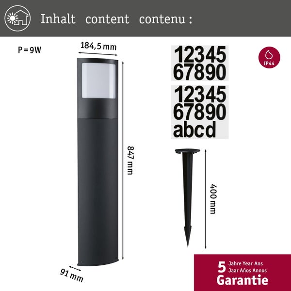 LED Pollerleuchte Padea Dämmerungssensor Dämmerungsgesteuerter Bewegungsmelder (IR) seewasserresistent IP44 847mm 3000K 8,5W 700lm 230V Anthrazit Kunststoff