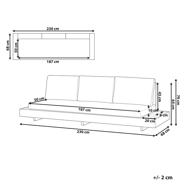 Technische Zeichnung eines Loungesofas mit Maßangaben für Länge Tiefe und Sitzhöhe zur einfachen Planung der Stellfläche.
