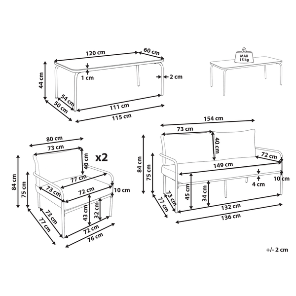 Maße für Gartenlounge: Tisch 120 mal 60 mal 44 Zentimeter, Sessel 76 mal 77 mal 84 Zentimeter und Sofa 154 mal 77 mal 84 Zentimeter.