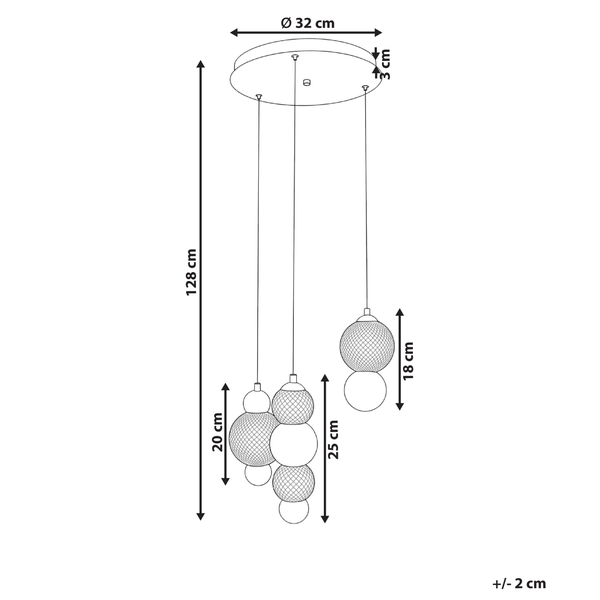 Technische Zeichnung einer Pendelleuchte mit drei Leuchten und den Maßen Durchmesser 32 Zentimeter, Höhe 128 Zentimeter