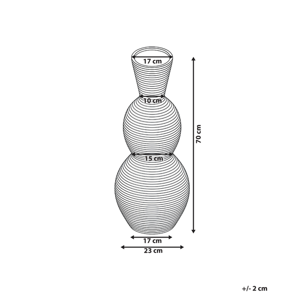 Maßzeichnung einer 70 Zentimeter hohen Vase mit Durchmesserangaben von 17, 10, 15, 23 und 17 Zentimeter.