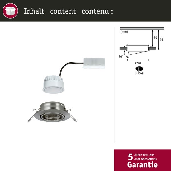 LED Einbauleuchte Base Coin Einzelleuchte schwenkbar rund 90mm 20° Coin 5W 370lm 230V 3000K Eisen gebürstet