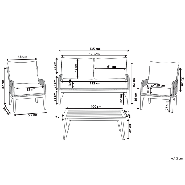 Maße eines Gartenmöbelsets mit Sofa, zwei Stühlen und einem Tisch