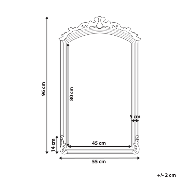 Verzierter Wandspiegel Maße: Gesamt 96 mal 55 Zentimeter, Spiegelfläche 80 mal 45 Zentimeter, Rahmen 5 Zentimeter. Toleranz plus minus 2 Zentimeter.