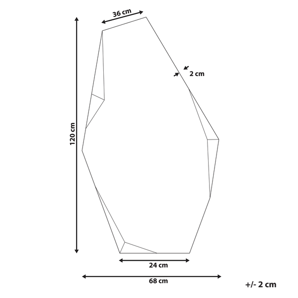 Abmessungen eines Zierkiesels mit einer Höhe von 120 Zentimetern und einer Breite von 68 Zentimetern.