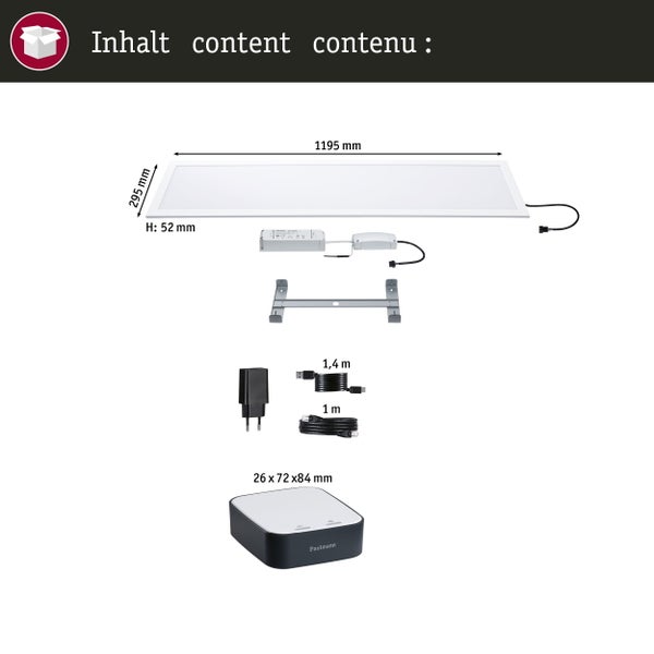 Inhalt einer LED-Panel-Leuchte mit Zubehör und den Maßen