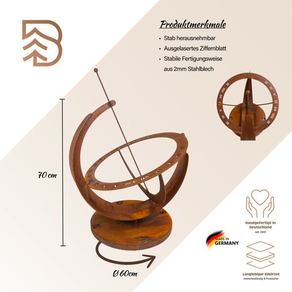 Sonnenuhr aus Edelrost, Höhe 70 Zentimeter, Durchmesser 60 Zentimeter. Beske Logo, Made in Germany, handgefertigt, wetterfest, römische Ziffern.
