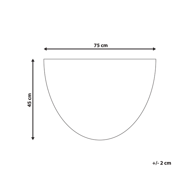 Masszeichnung einer halbrunden Form mit einer Breite von 75 Zentimetern und einer Höhe von 45 Zentimetern, Toleranz plus minus 2 Zentimeter.