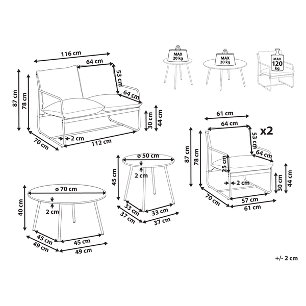 Skizze der Abmessungen in Zentimeter und Belastbarkeit in Kilogramm für ein Gartenmöbel-Set aus Sofa, Sesseln und Tischen.