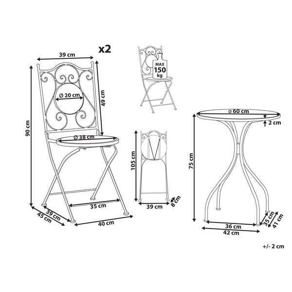 Maßzeichnung klappbares Bistroset: Stuhl Höhe 90 Zentimeter, Tisch Höhe 75 Zentimeter und Durchmesser 60 Zentimeter. Belastung 150 Kilogramm.