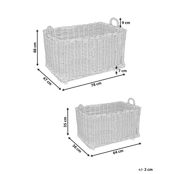 Abbildung von zwei geflochtenen Aufbewahrungskörben mit Griffen und Maßangaben